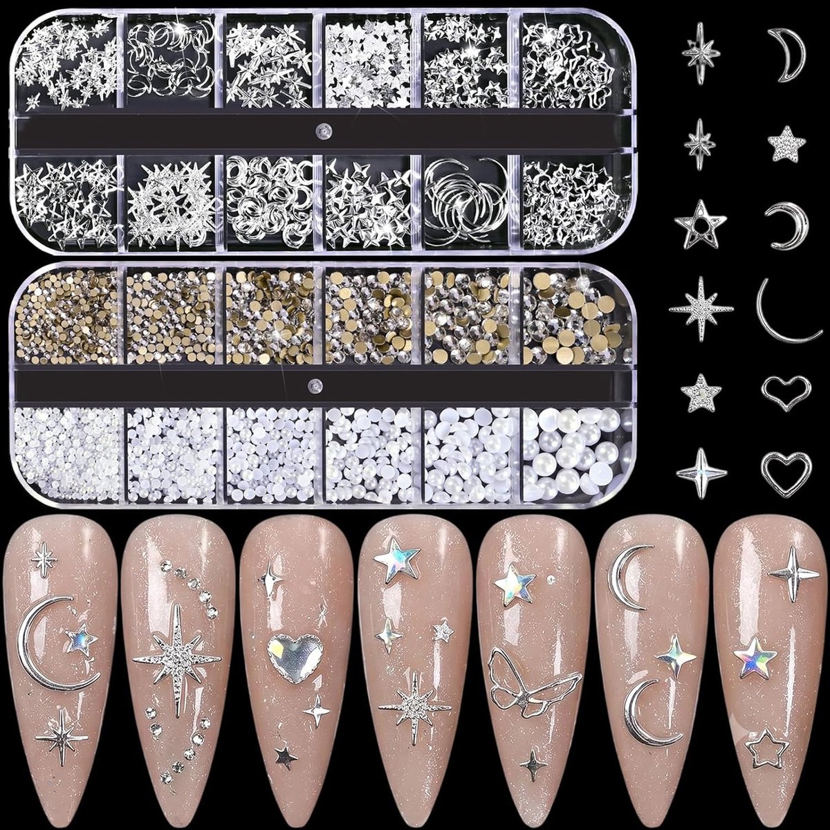 3D illusie kristallen nagelkunst, diamant, decoratie, hoogglanzend, microglans, halfrond, witte parel, nagelstickers, nagelkunst, nail art