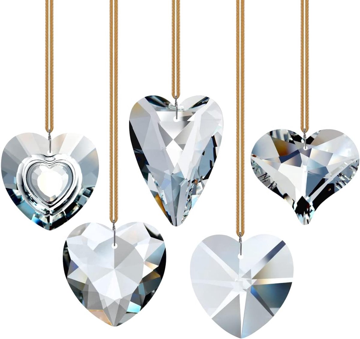 Zonvangers met kristallen, 5 stuks hart kristal zonnevanger prisma voor ramen decoratie, kerst ornamenten geschenken, helder