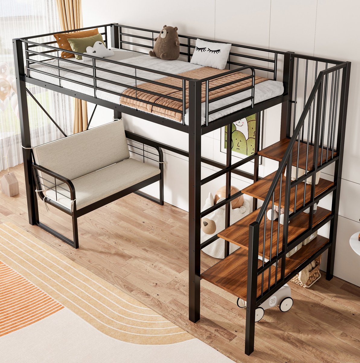 REDOM - Hoogslaper - Afneembare bank - Trap met opbergruimte - Open ruimte onder bed - Moderne stijl - Metaal en MDF - Zwart - 251,5 x 95 x 170 cm