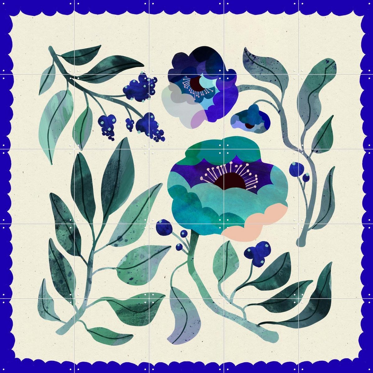 IXXI Royal Blue Flower, Lena Addink - 100 x 100 cm - Gratis ophangtool - Grote wanddecoratie en posters - Illustraties, Speels, Gang, Slaapkamer
