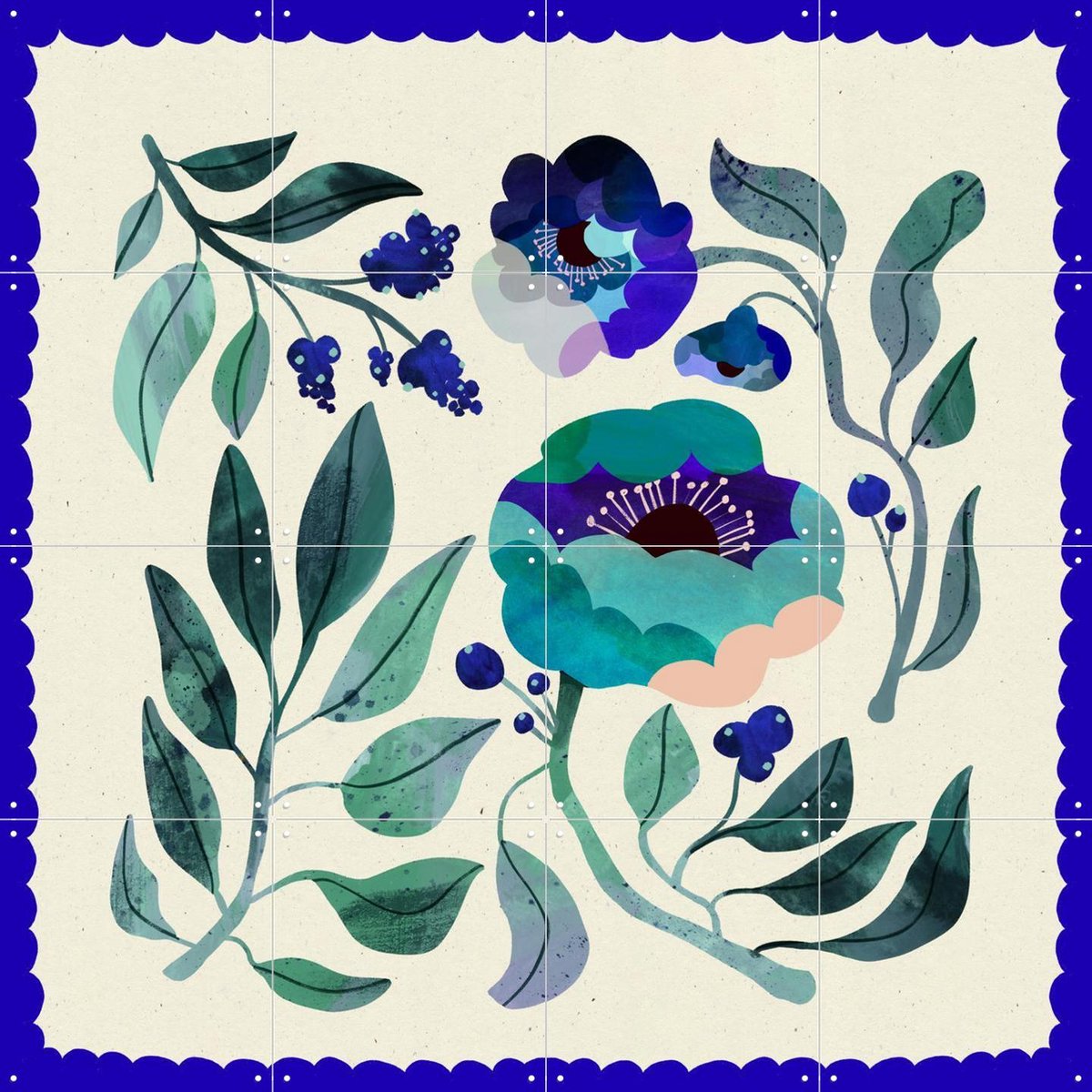IXXI Royal Blue Flower, Lena Addink - 80 x 80 cm - Gratis ophangtool - Grote wanddecoratie en posters - Illustraties, Speels, Gang, Slaapkamer