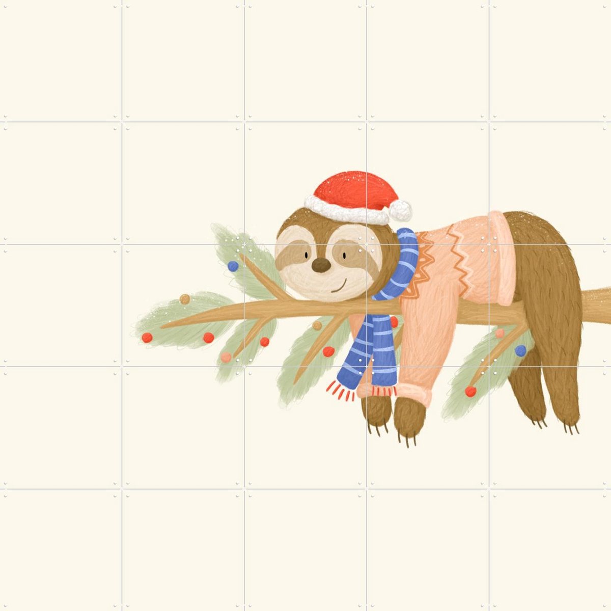 IXXI Christmas Sloth, Studio Phie - 100 x 100 cm - Gratis ophangtool - Grote wanddecoratie en posters - Fantasierijk, Illustraties, Cartoonesk