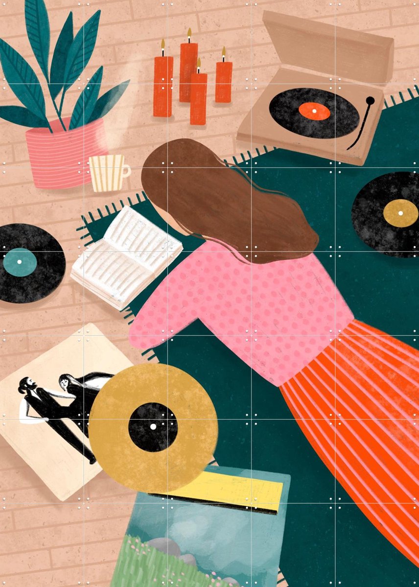 IXXI Cozy Vinyl Retreat, Bea Müller & Various - 100 x 140 cm - Gratis ophangtool - Grote wanddecoratie en posters - Retro, Illustraties, Kleurrijk