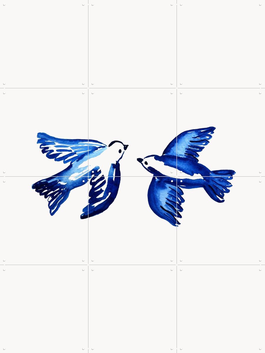 IXXI Blue Portuguese Birds, Palmartprints - 60 x 80 cm - Gratis ophangtool - Grote wanddecoratie en posters - Aquarel, Minimalisme, Slaapkamer