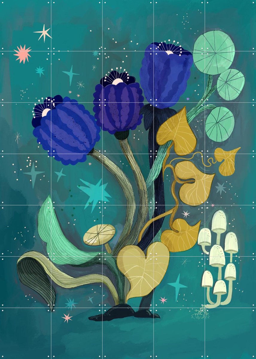 IXXI Magic Teal Flower Garden, Lena Addink - 100 x 140 cm - Gratis ophangtool - Grote wanddecoratie en posters - Speels, Illustraties, Fantasierijk