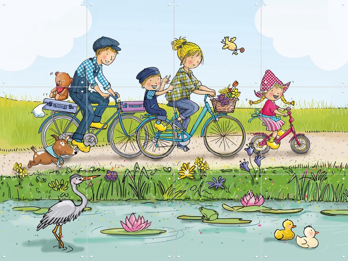 IXXI Fien & Teun op vrolijke fietstocht, Fien & Teun & Van Hoorne Studios - 80 x 60 cm - Gratis ophangtool - Grote wanddecoratie en posters -