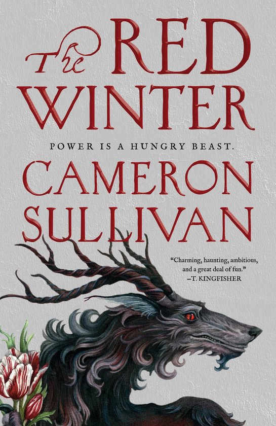 Boekomslag 'The Red Winter' van Cameron Sullivan met rode letters en een wezen met geweien en rode ogen.