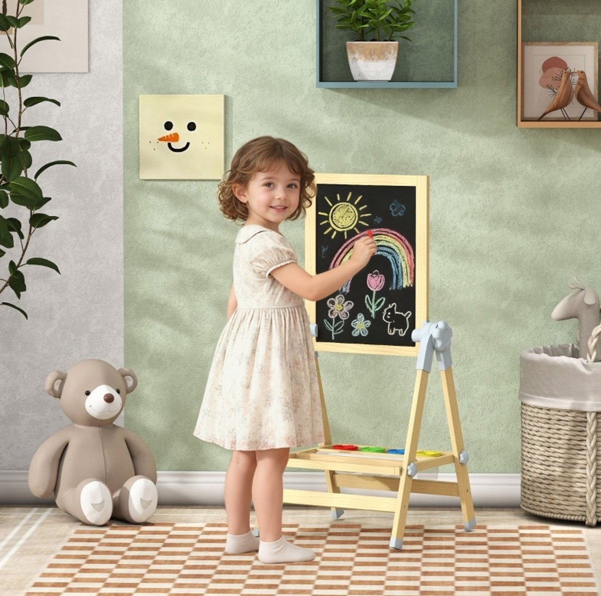 REDOM - Kinder tekentafel - Dubbelzijdig zwartbord en magnetisch whiteboard - Hoogteverstelbaar - Met papierrol en opbergbak - Houten - Kinderen - Naturel hout - 48,5 x 46,5 x 97 cm