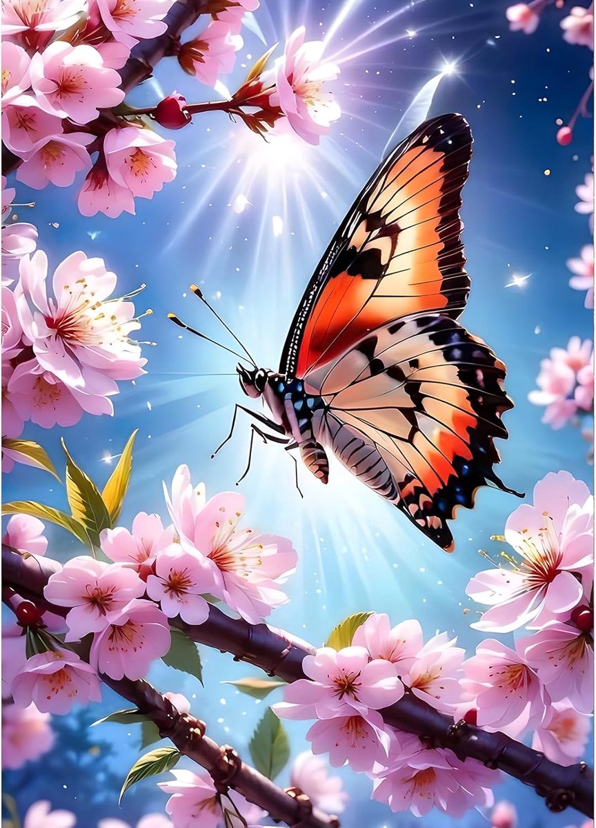 DIY Butterfly 5D Diamond Painting Kits, rond, volledig geboord kersenbloesem, diamantschilderij, Sunshine Painting op nummer, kunstsets voor volwassenen, beginners, wanddecoratie, 30,5 x 40,6
