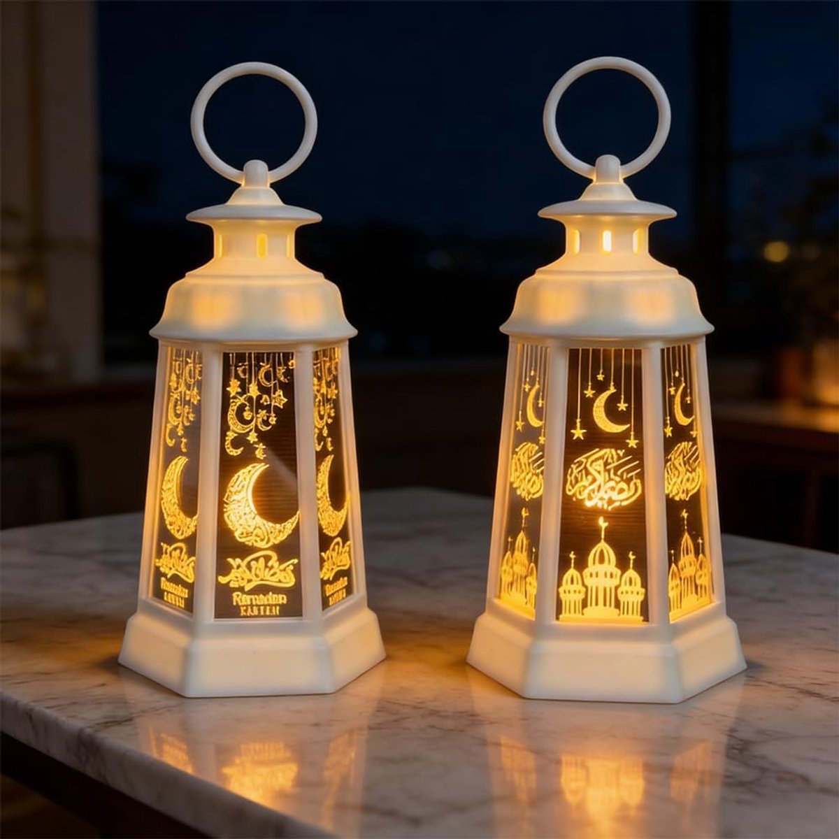 2 stuks ramadan-decoratielamp, ramadan-lamp met warmwit ledlicht, lantaarn ramadan slot, Eid Mubarak decoratie, maanvorm decoratie voor bruiloft, feest en feest, wit