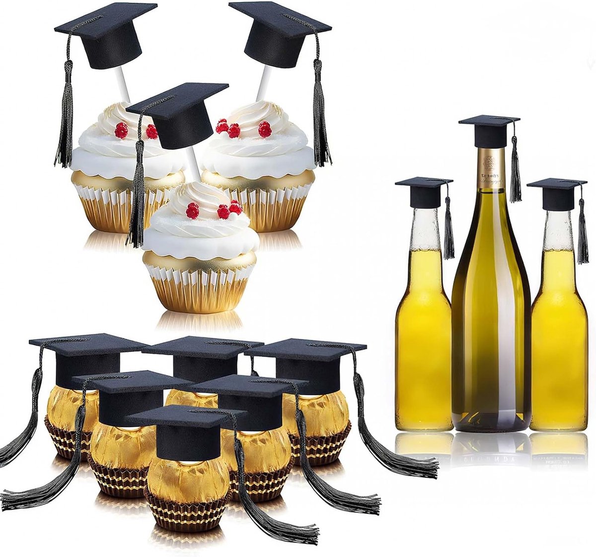 12 stuks zwarte taarttoppers, afstudeerfeest, taartdecoratie, afstudeerfeest, taarttopper met zwarte kwast, taartdecoratie voor afstudeerfeest (A)