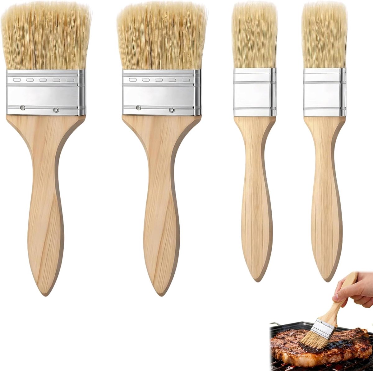 4 Houten Keukenkwasten met Natuurlijke Borstelharen, Gebak- en Boterkwasten in 2 Formaten voor Ei Olie Boter en Glazuur op Brood Gebak Cake en Grillgerechten