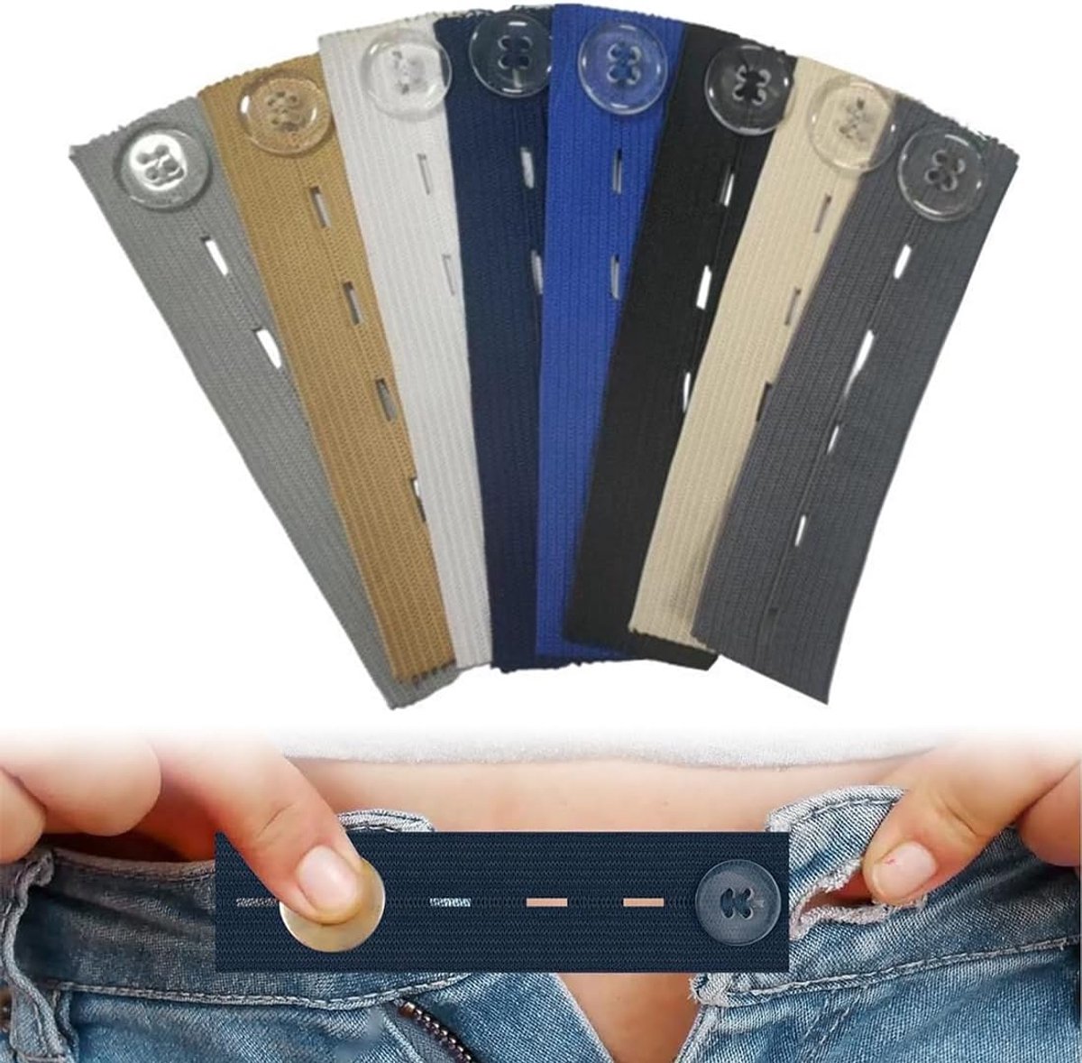 Riemgespen voor dames, 8-delige taillebandverlenger, elastische jeansgesp, uniseks taillebandverlenging voor zwangere vrouwen