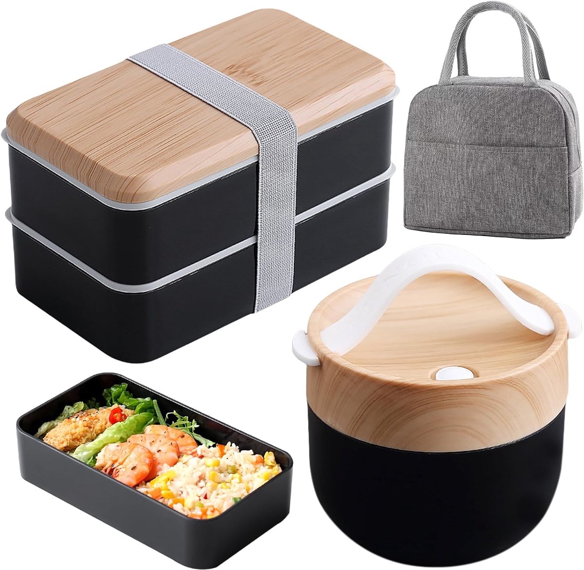 Bento Box 1400 ml + kom 600 ml Lsolier ontbijtcontainer bestek volwassenen kinderen werk