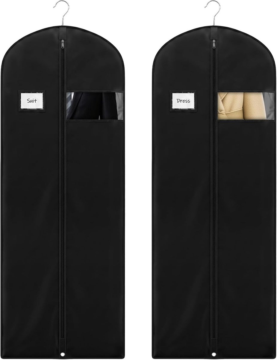 2 stuks 160 x 60 cm kledingzakken met ritssluiting, opvouwbaar, zwart | Kledinghoes voor opslag met doorzichtig venster, ademend, vochtbestendig, stofdicht, voor pak, blazer, kostuum