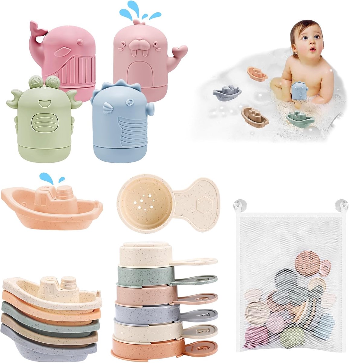 Badspeelgoed, babybadspeelgoed met spuitdieren, boten, badlepels, siliconen waterspeelgoed voor kinderen, zwembad, badkuip, badspeelgoed voor jongens en meisjes van 3 jaar