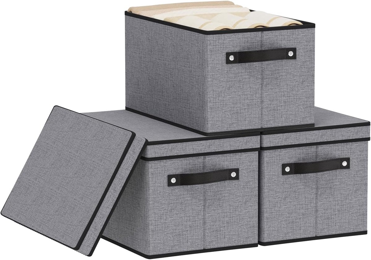 Opbergdozen met deksels, plankbakken met handgrepen, opvouwbare kubus organizer mand voor organisatie, linnen kleding, planken organizer, grijs, 3-pack, medium, 38 x 25 x 21 cm