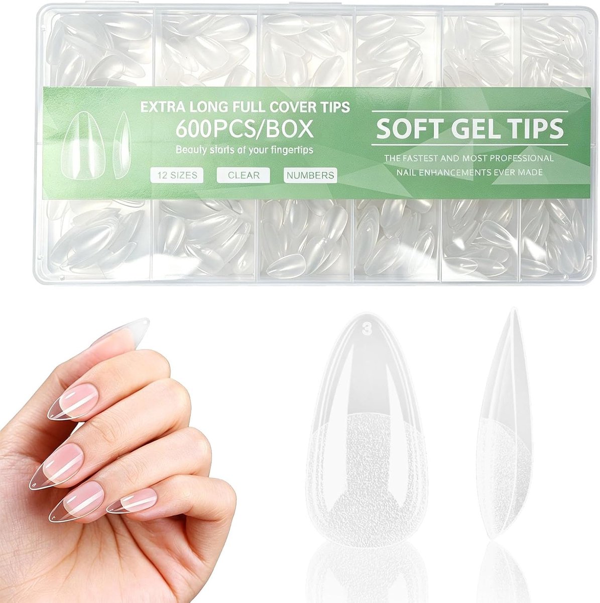 amandelnageltips, 600 stuks korte amandelnageltips, tips voor gelnagels, full cover nageltips, 12 maten, voorgevormde semi-matte tips voor thuis, doe-het-zelf nail art en nagelstudio