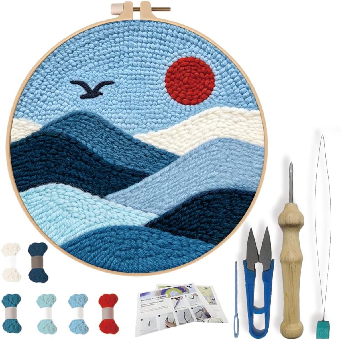 DIY Punch Naald Kit voor Beginners Abstract Zee Borduurwerk Punch Naald Starter Craft Set met Instructies Borduurwerk Hoepel Compleet Gereedschap voor Volwassenen Gift Decoratie, 20 cm