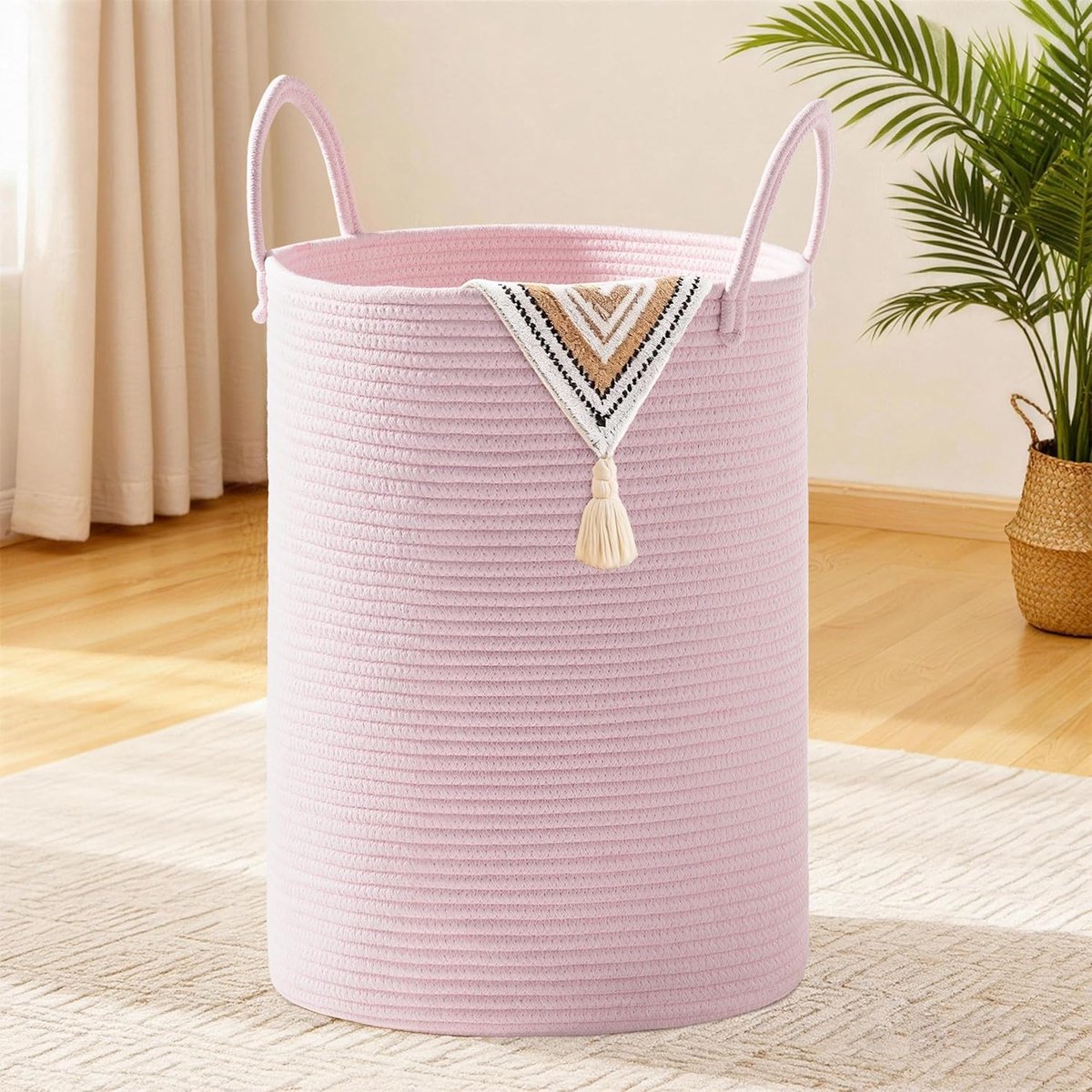 Katoenen Touw Wasmand 40cm x 55cm - Opvouwbare Opbergmand met Handvat - Voor Wasgoed, Dekens en Speelgoed - 72L Roze