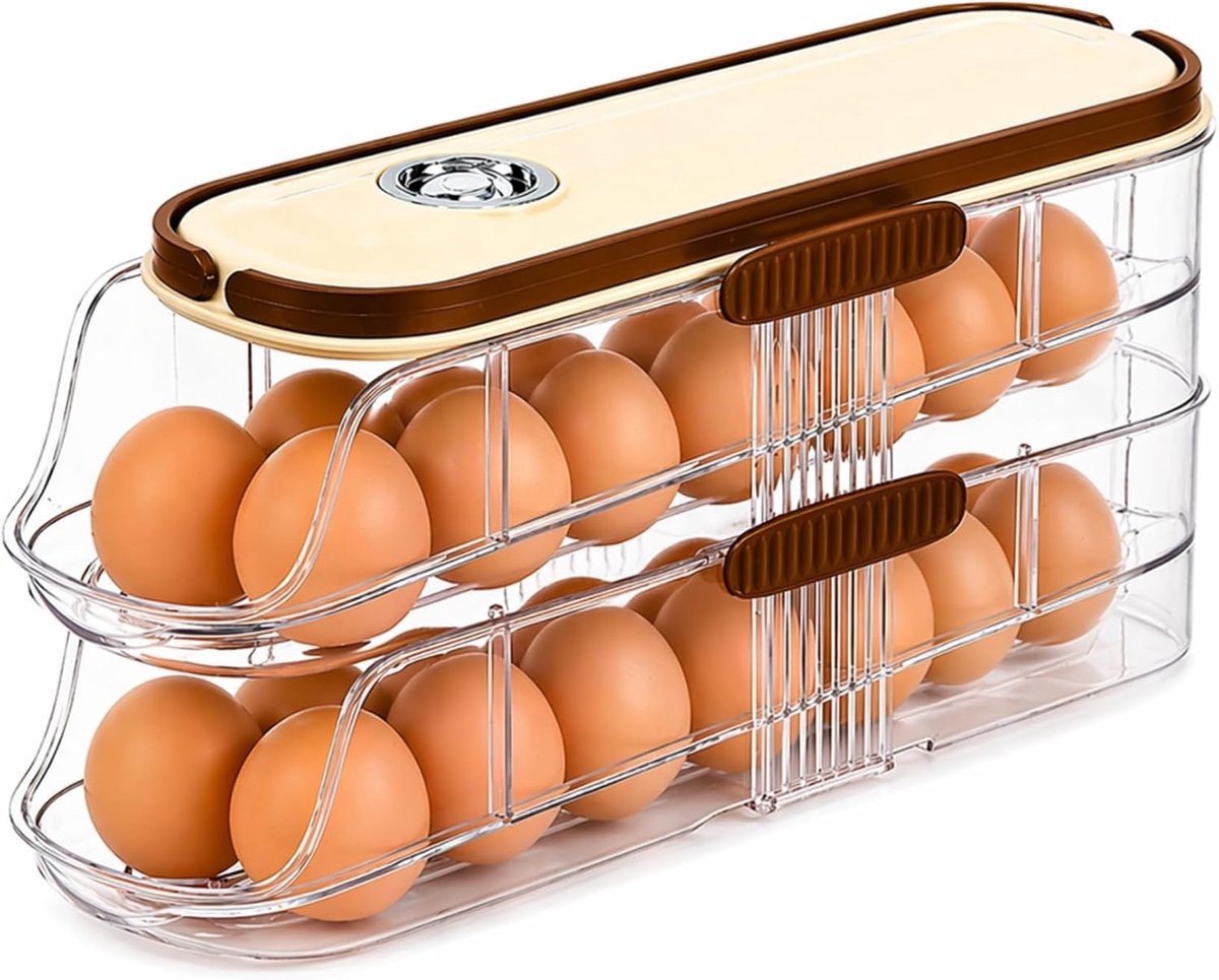 Eierdoos voor Koelkast met Automatische Dispenser, Egg Trays, Eierhouder 2 Lagen Dubbele Capaciteit, Ruimtebesparend, Transparant en Stapelbaar. Geschatte Capaciteit voor 28 Eieren