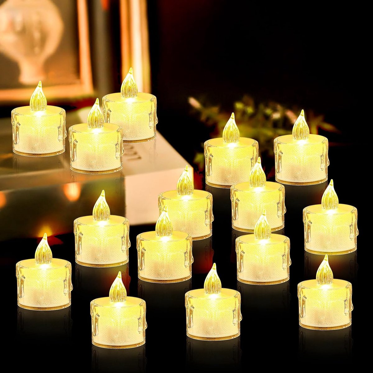 LED-theelichtjes, 24 stuks vlammenloze LED, Crystal Flameless Candle Light, vlammenloze theelichtjes, LED-kaarsen, LED-kaarsen voor bruiloften, kerstdecoratie, Halloween (3,8 * 5 cm)