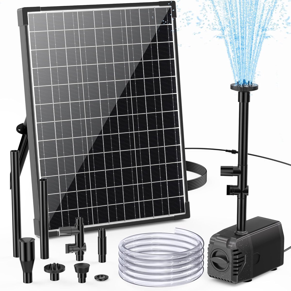 20W Solarfontein voor buiten met 4 sproeiers, 875L/H zonnefontein voor buiten, middelgrote tuinvijvers (5-10㎡), stille zonne-energie vijverpomp, DIY tuinwaterspel, terrasfontein
