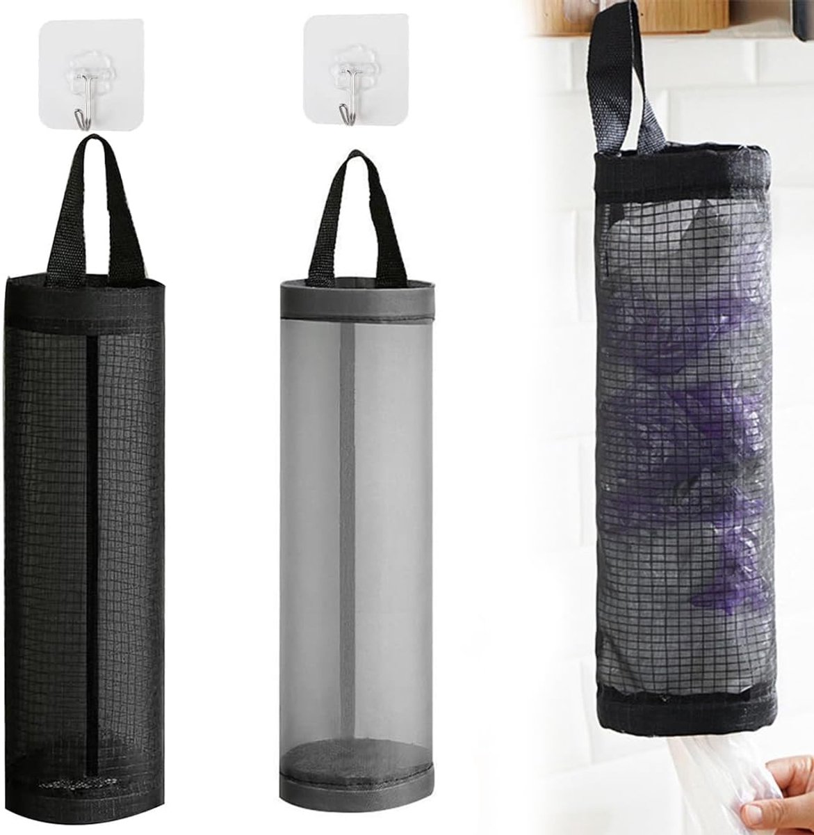 SnelShoppen - Plastic Zak Houder, Hangende Vuilniszak Houder voor Keuken en Thuis, Mesh Opbergzak met Haak, 2 Stuks voor Plastic Tassen, Kookaccessoir