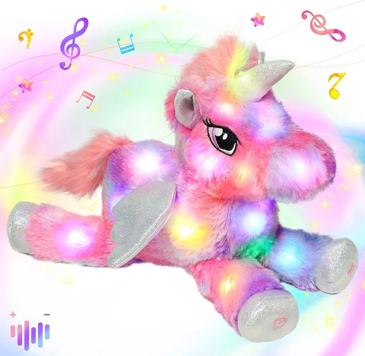 Kleurrijke Led Muzikale Knuffel Eenhoorn Die Oplicht En Zingt Pluche Speelgoed Instelbaar Volume Slaapliedje Geanimeerd Kalmerend Verjaardagsfeest Voor Kinderen Peutermeisjes, Regenboog, 40 cm