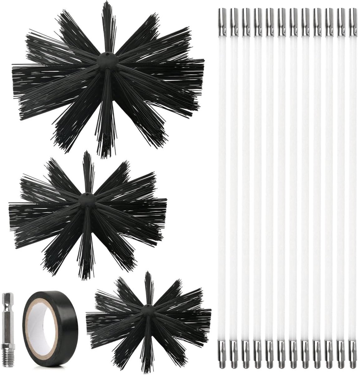 Schoorsteenborstelset, 3 kachelbuisborstels nylon (100 mm/150 mm/200 mm) met 12 flexibele stangen 410 mm, schoorsteenveegborstel, schoorsteenbezem kit voor open haard, pijpen, droger