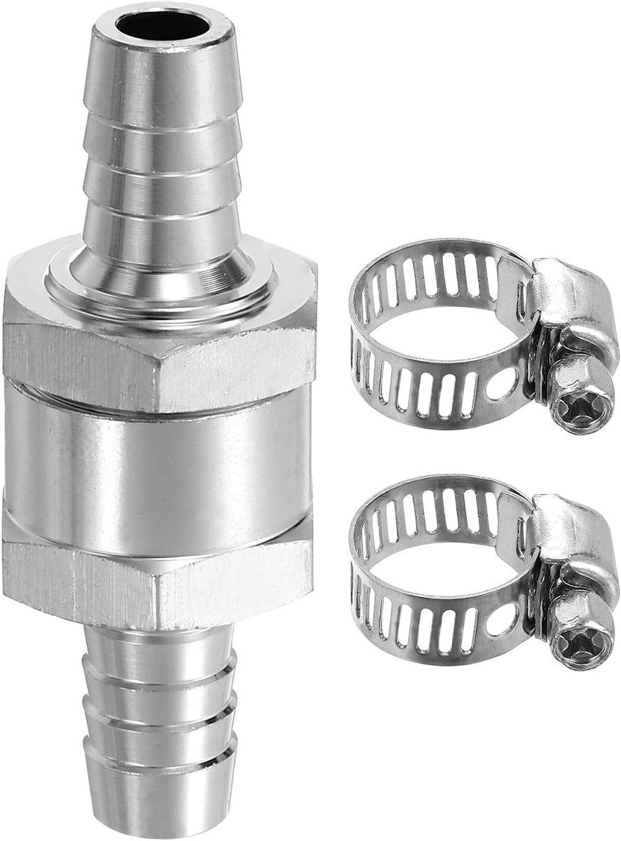 10mm (3/8") Brandstof terugslagventiel Eenrichtings terugloopventiel met klemmen, aluminiumlegering besturingsaccessoires voor benzine, diesel, gas, olie, lucht, water, zilver