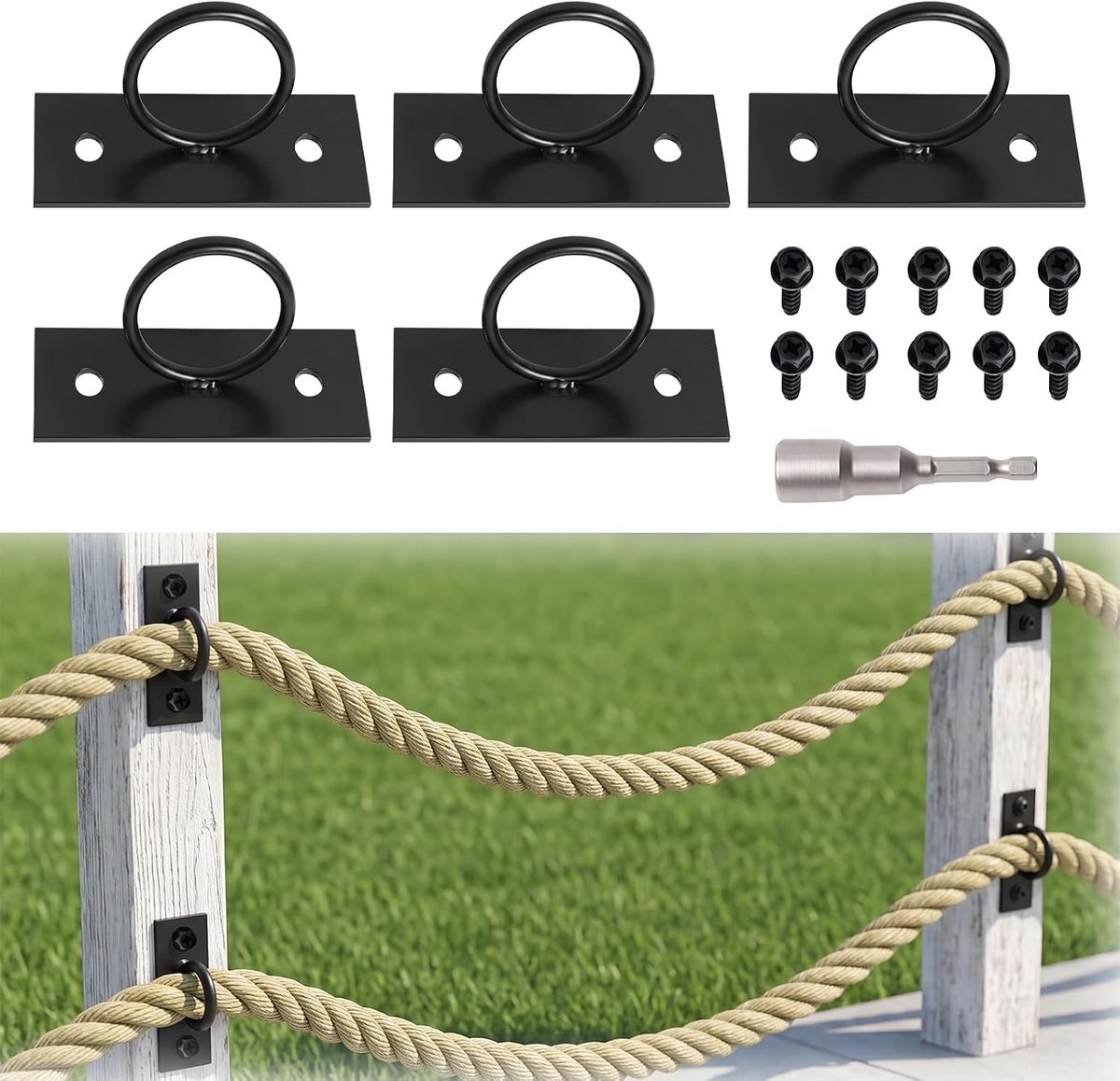 5 stuks kabelhouderset, 5 cm roestvrij stalen kabeldragerset, zwart | Kabeldrager houder met 10 schroeven, touwhouder, jute touw, ringhouder voor terras, tuin, muur, binnenplaats, hek