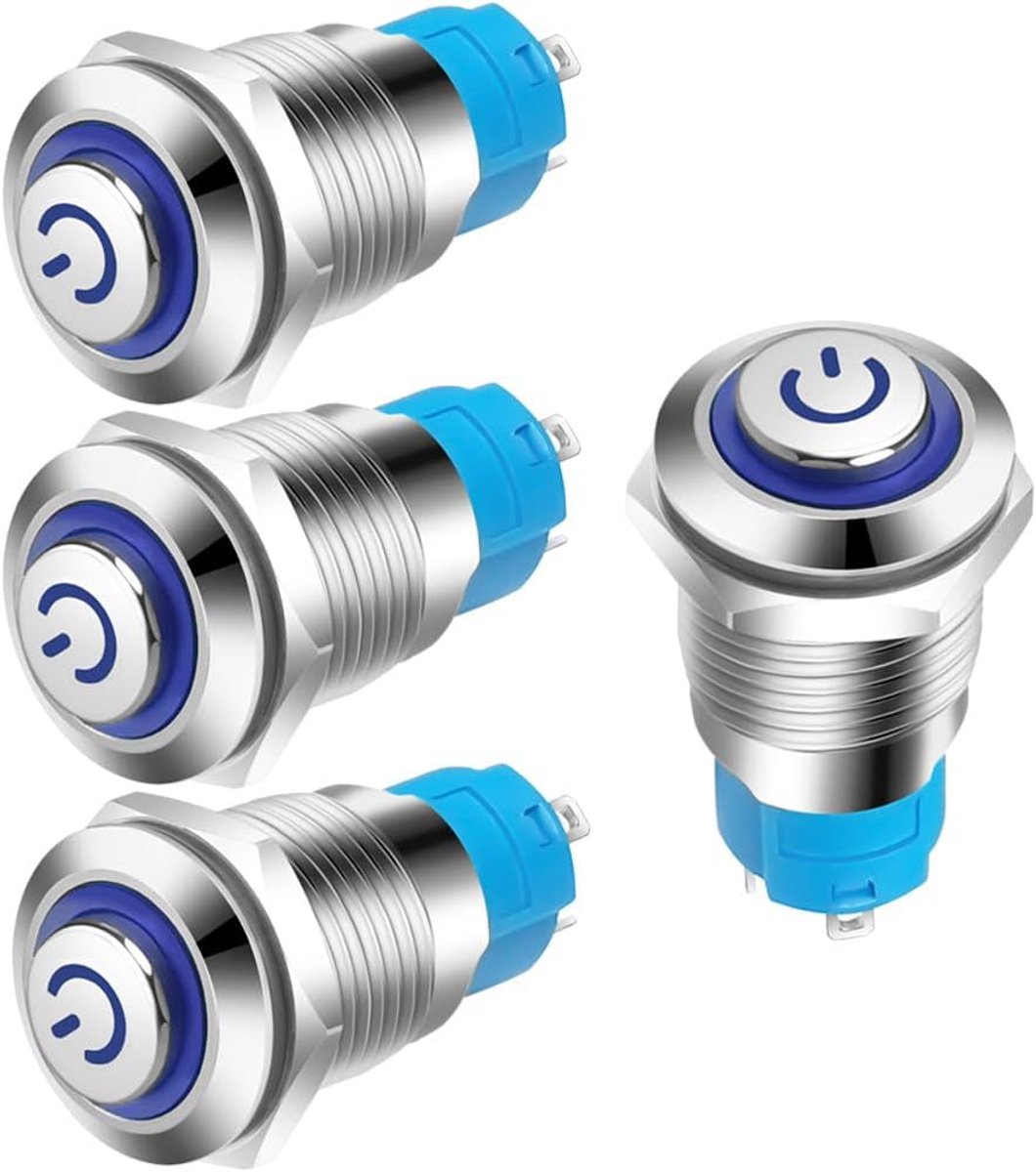 4stuks 12mm 3A 12-24V IP65 Waterdichte Drukknop met LED-Indicatielampje Vergrendelbare Metalen Drukknop (hoge kop)