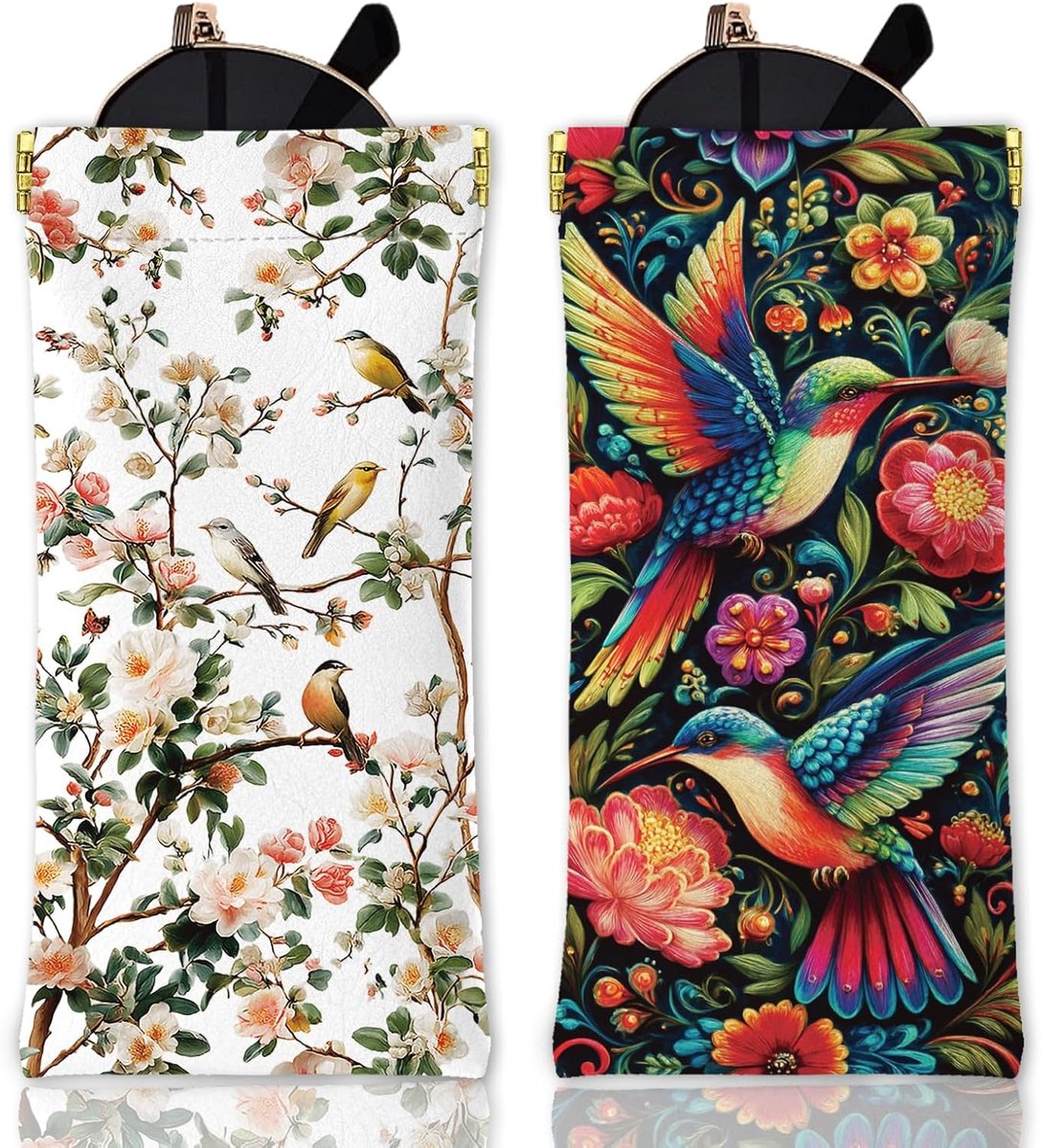 2 stuks vintage bloemen en vogels zachte brillenkoker voor volwassenen kleurrijke dieren en planten patroon PU lederen draagbare bedrukte brillenkoker voor mannen en vrouwen horloges