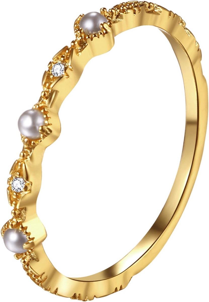 Ring Dames Kralen Zirconia: Vergulde Parels Damesring Stapelbare Dunne Trouwring Elegant Kleine Gouden Ring Cadeau voor Meisjes Vrouwen, 52(16,6), Messing, Zirkonia