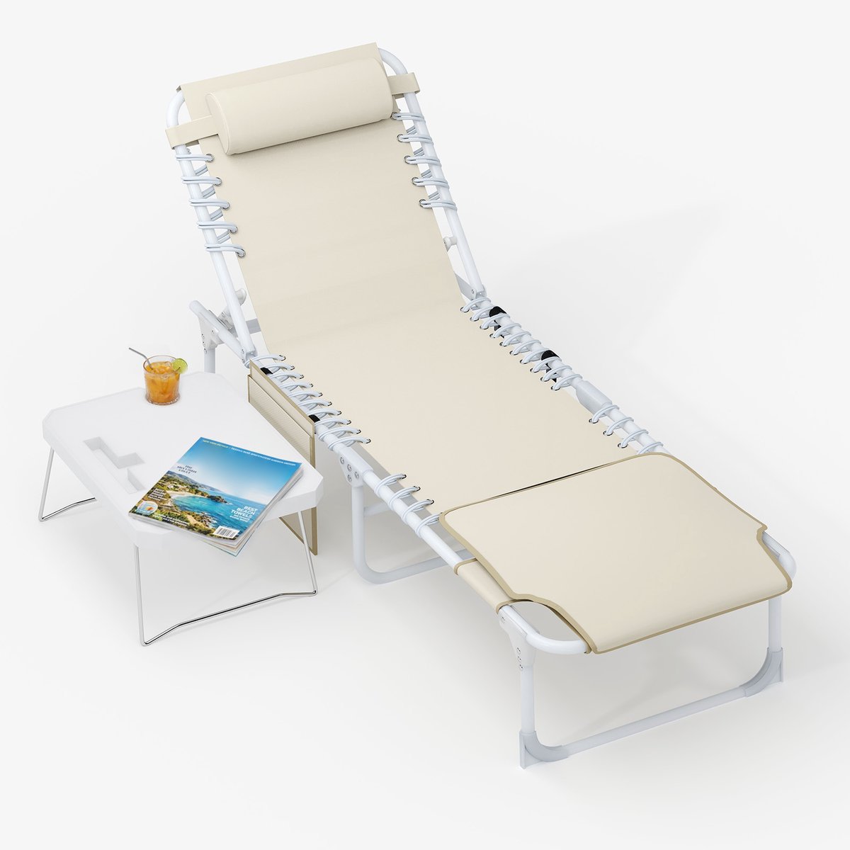 Ligstoel met Gezichtopening en Kussen - 56x190x34cm - Strandstoel met Bijzettafeltje - Zonneligbed Textileen - 5 Standen - Opklapbaar - Voor Strand Terras Tuin - Beige