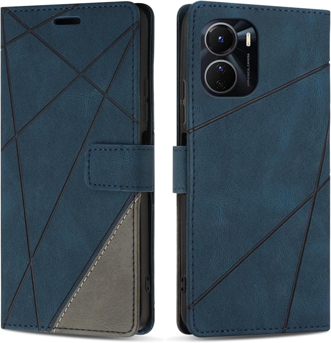Hoesje voor VIVO Y16, Premium Lederen Portemonnee Beschermhoes Telefoonhoesjes met Kaartenvakken Beschermhoesje voor VIVO Y16, Blauw
