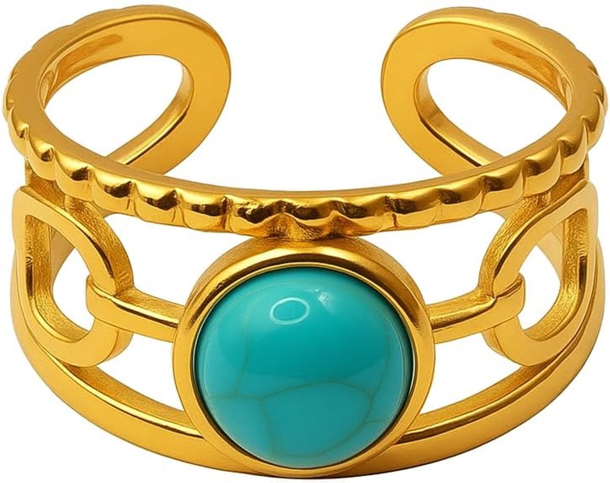 ring van roestvrij staal met turquoise steen, moderne geometrische stijl