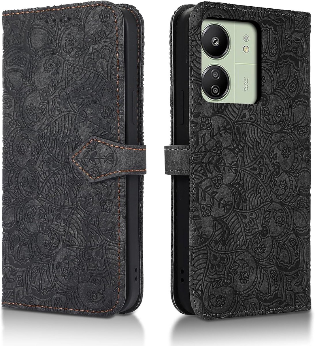 Telefoonhoesje voor Xiaomi Redmi 13C, PU-leren klaphoesje met kaartsleuven en standfunctie voor Xiaomi Redmi 13C/ Poco C65, portemonneehoes voor Xiaomi Poco C65, zwart