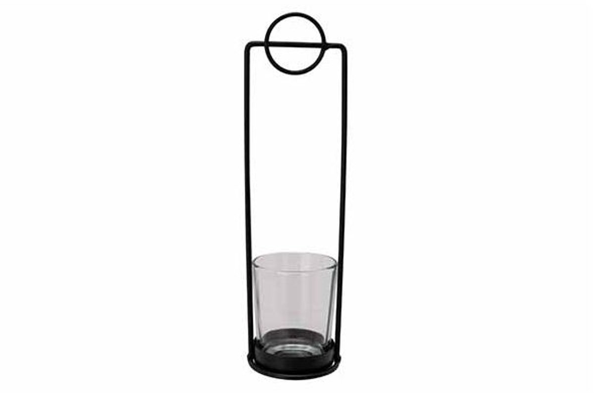 Theelichthouder Hugo Glass Cup D5,5cmxh6 ,5cm Zwart 6x6xh22,5cm Langwerpig Metaa