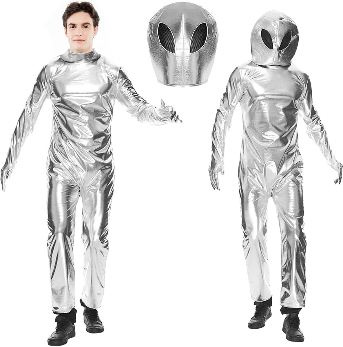 kostuumset, buitenaards kostuum, buitenaardse overall + alien masker, buitenaards kostuum, accessoires, zilveren buitenaardse kostuum, kostuumsets, party, carnaval, cosplay