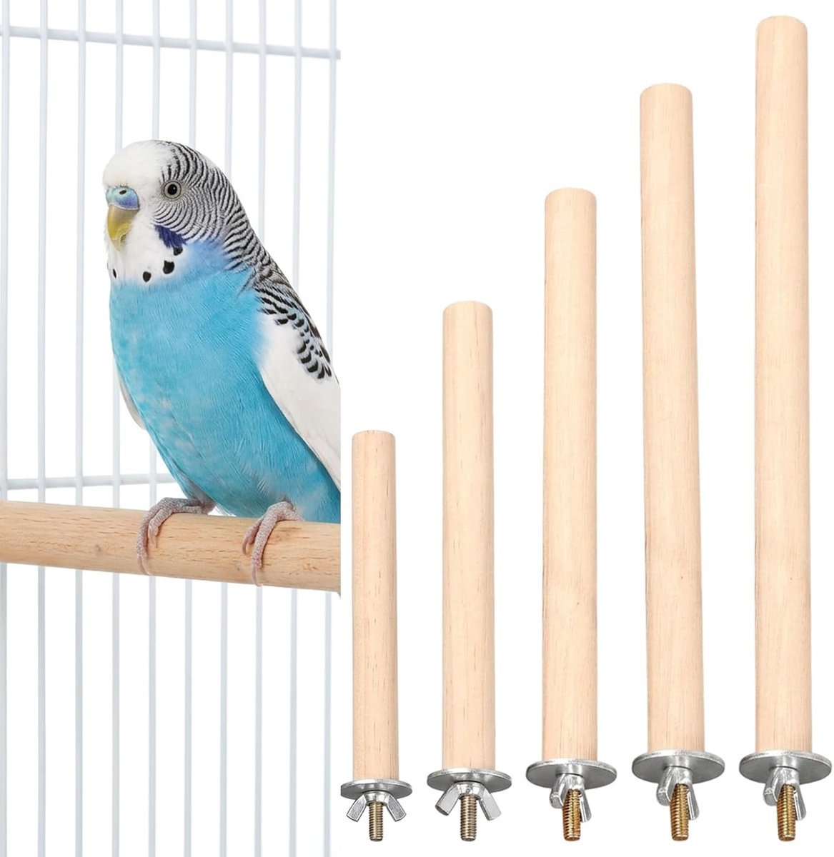 5 stuks zitstokken van natuurlijk hout, stabiele vogelstang als vogelkooiaccessoire, zitstangen voor parkieten en papegaaien, met 3 cm sluitringen