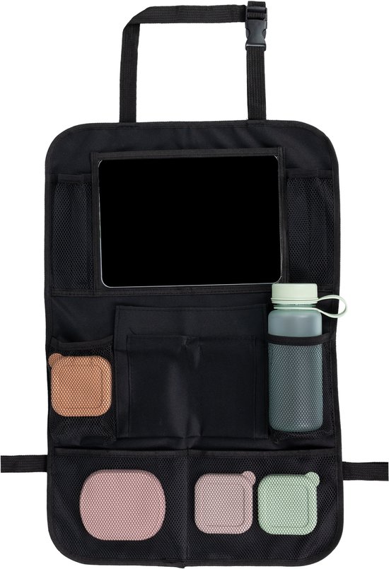 Zwarte autostoel organizer met tablet-houder, fleshouder en diverse opbergvakken met pastelkleurige deksels.