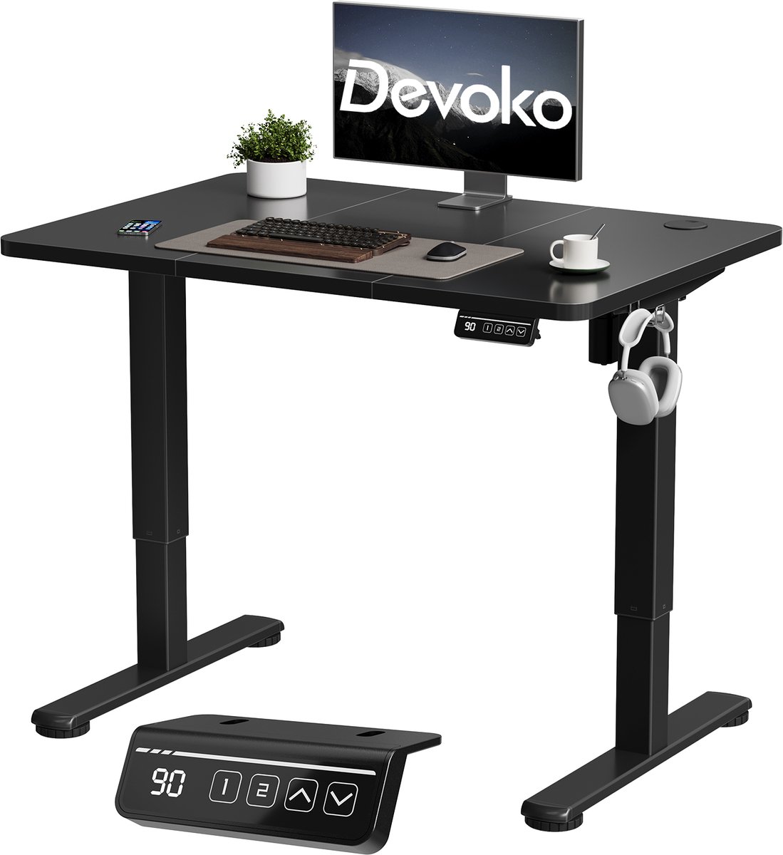 Devoko Elektrisch Verstelbaar Bureau 100x60 cm – Stille Motor met Geheugenfunctie – 4 Knoppen Handbediening – Compact Bureau – Zwart