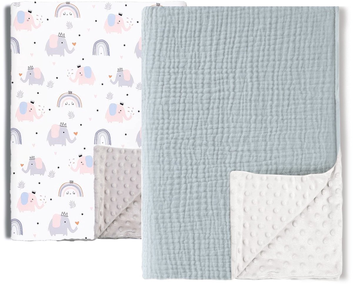 2-delige babydekenset van katoen, 75*100 cm, pasgeboren deken, 100% puur katoen en fleece, multifunctioneel dubbelzijdig babydoopcadeau, geschikt voor kinderwagens, als troostdeken of als inbakerdeken,Set 7
