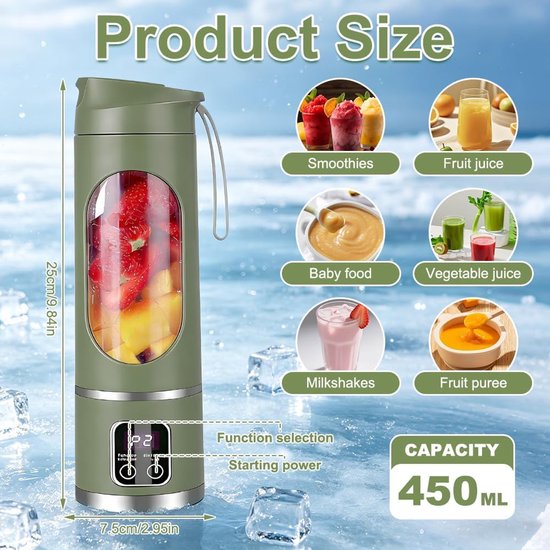Draagbare Blender - Smoothie Maker Mini Mixer - Gezonde Drankjes Maken - 12 Roestvrij Stalen Bladen - 450 ml - Olijfgroen — afbeelding 2