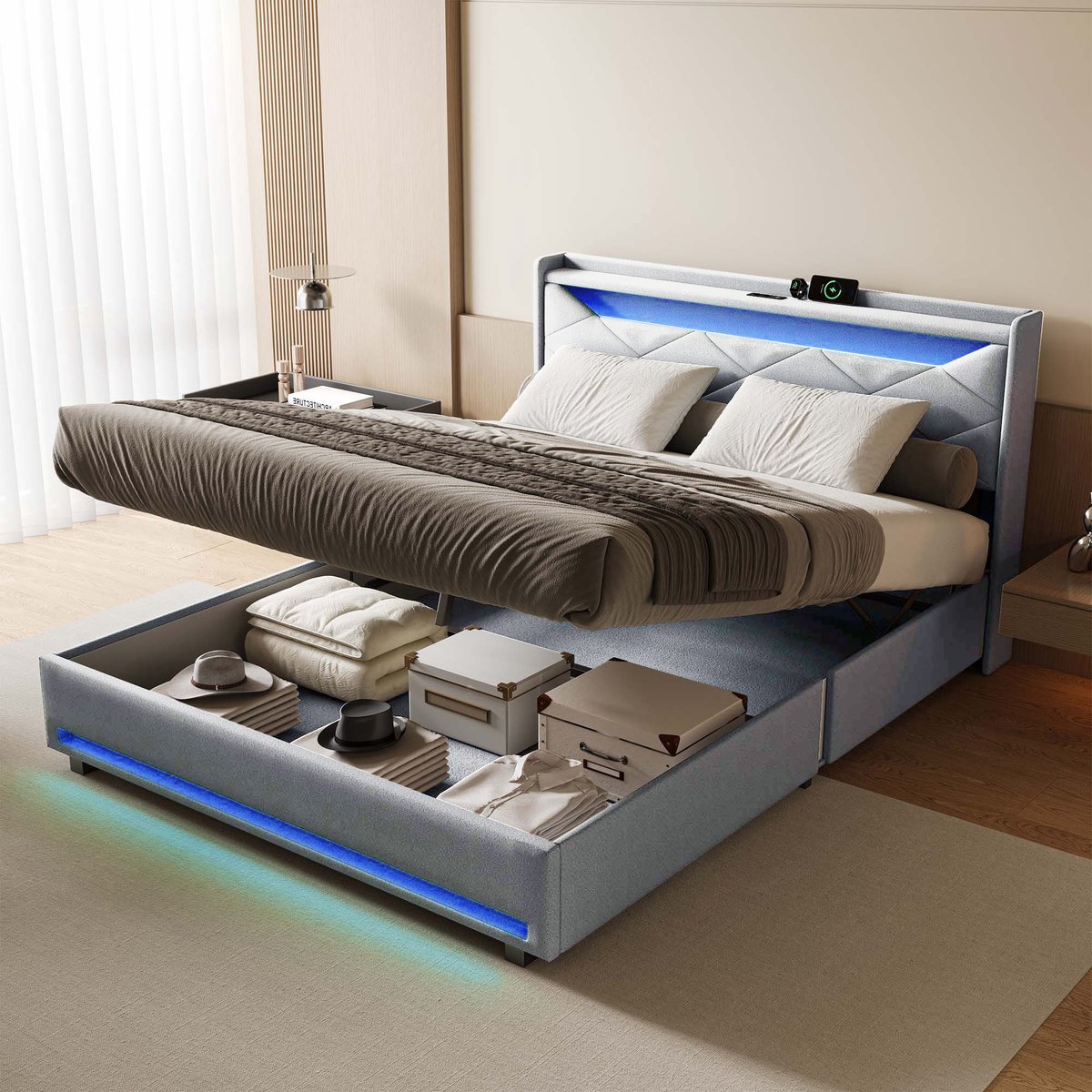 Opbergbed 140x190 cm met ledverlichting en USB-poorten, Tweepersoonsbed gestoffeerd 140x190 met hydraulische opbergruimte en lattenbodem, bedframe voor tieners en volwassenen, linnen Grijs