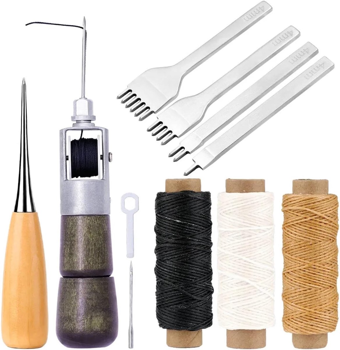 Leer Naaimachine Set - Handmatig Naaien - Leer Repareren - Massief Houten Handvat - 1000 Gram - Bruin