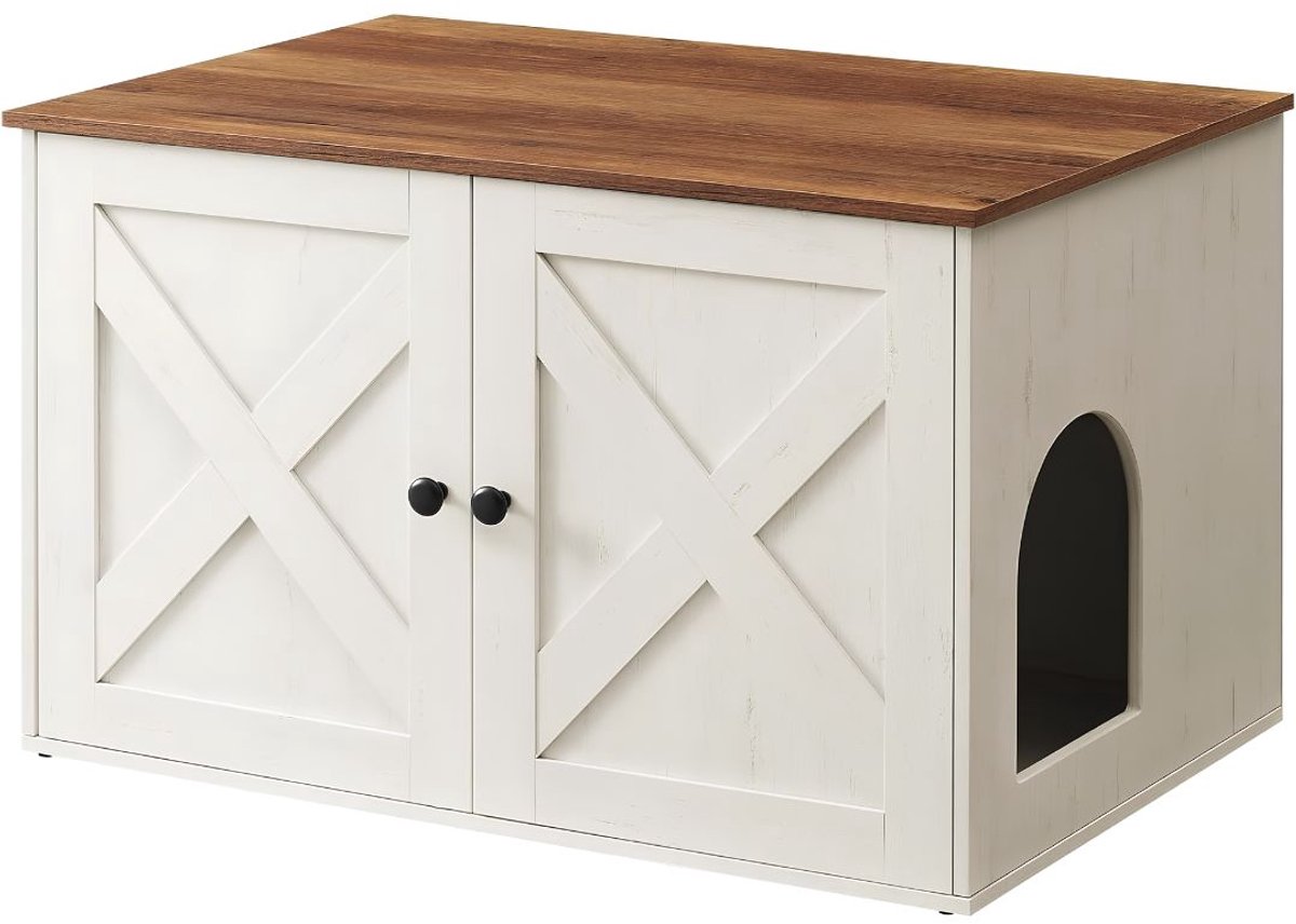 SP® Kattenbak Kast - 60kg Gewichtscapaciteit - Kattenkast - Kattenbak Ombouw - Honingbruin/Vintage wit - 53cm x 80cm x 50cm