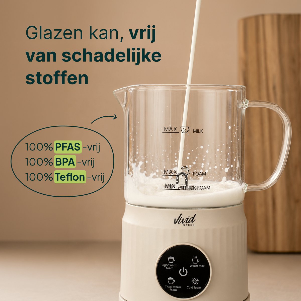 Vivid Green Melkopschuimer Glas - PFAS-vrij - 4-in-1 - 400 ml - Creme - Glazen Melkopschuimer Elektrisch - Warm & Koud Schuim - Melkklopper voor Cappuccino — cadeau in Kookcadeaus - foto 3